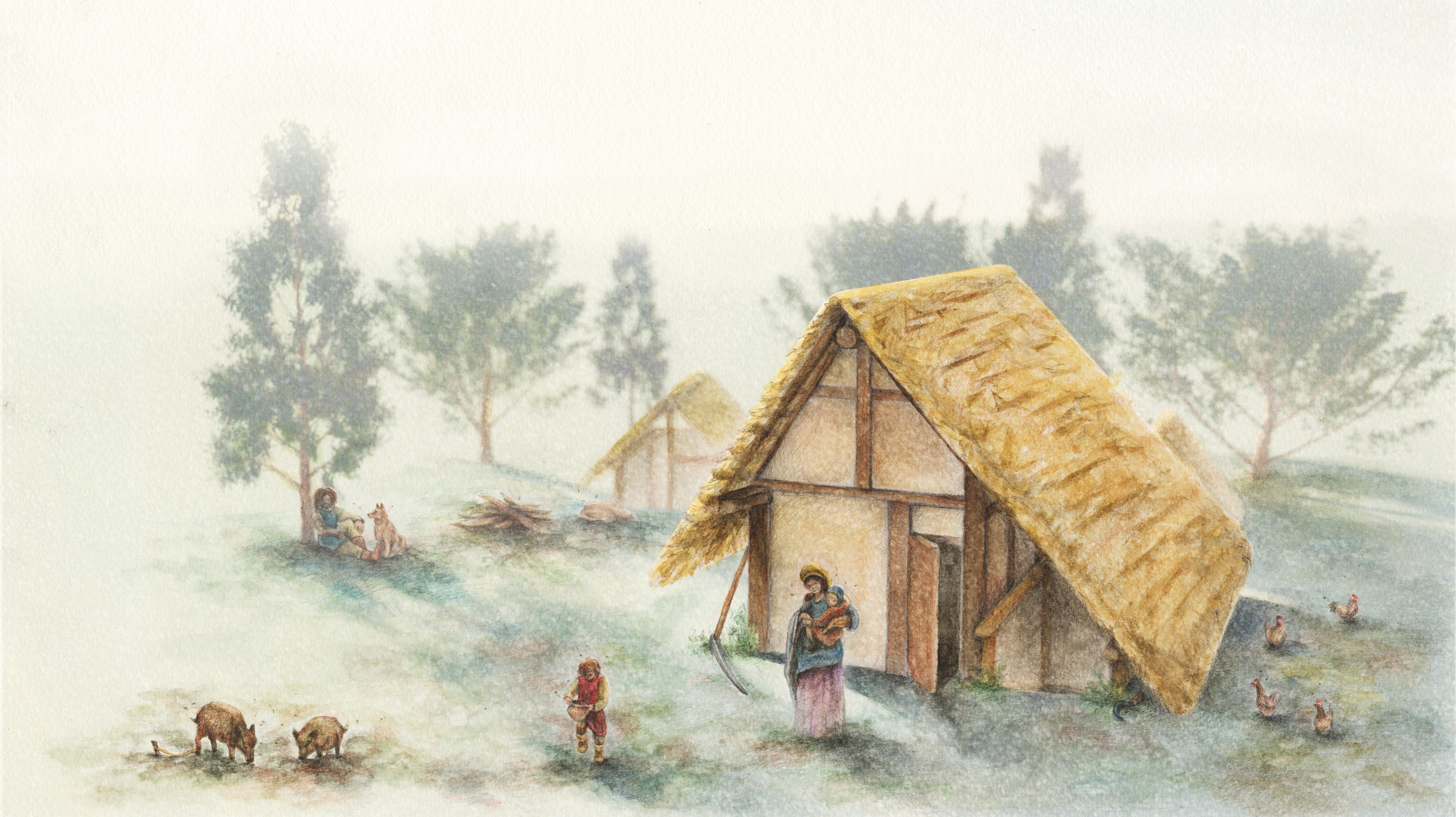 Zeichnung eines frühmittelalterlichen Hauses.