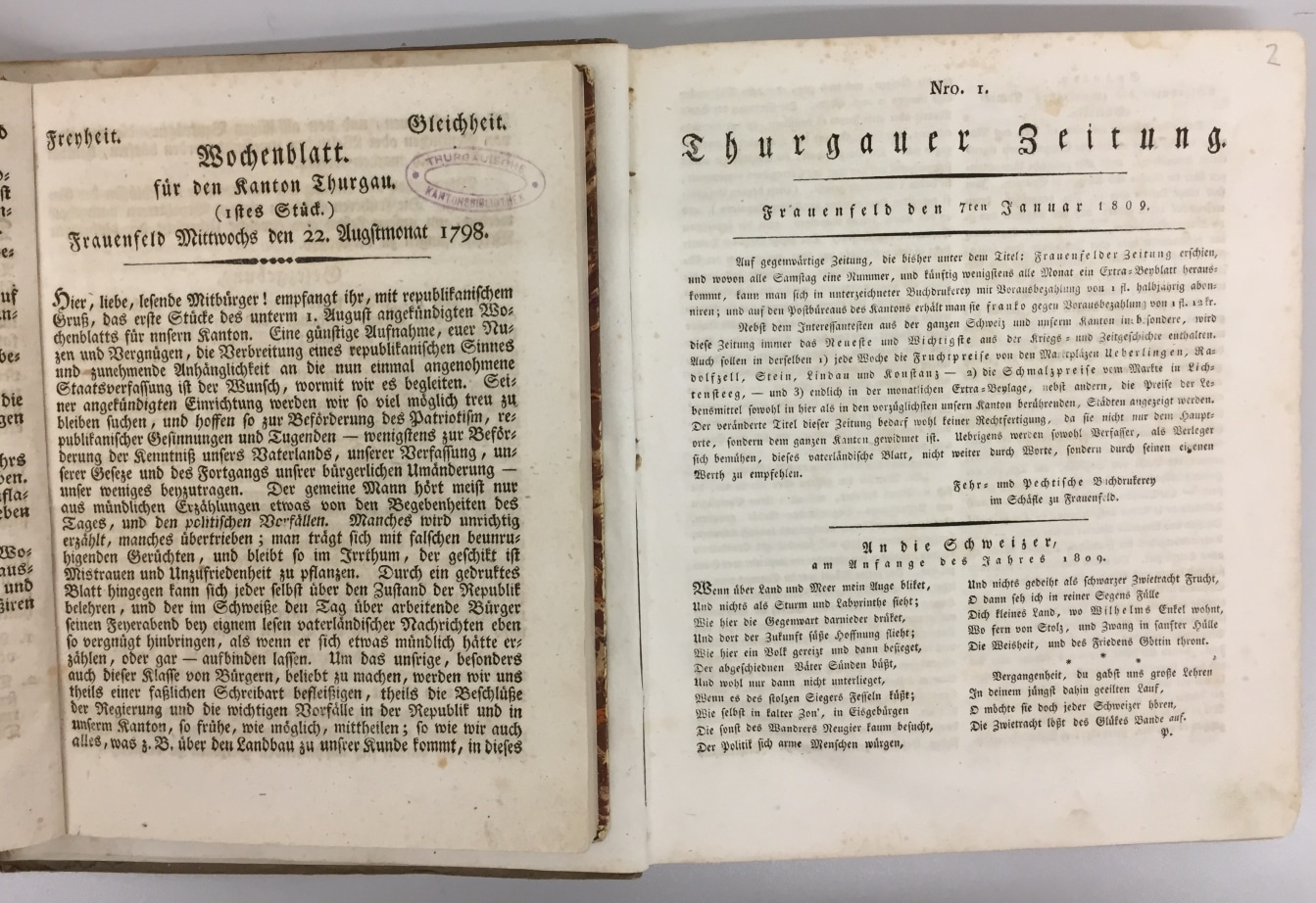 Bild 2: Titelseiten der ersten Ausgabe des Wochenblatts für den Kanton Thurgau vom 22. August 1798 und der Thurgauer Zeitung vom 7. Januar 1809