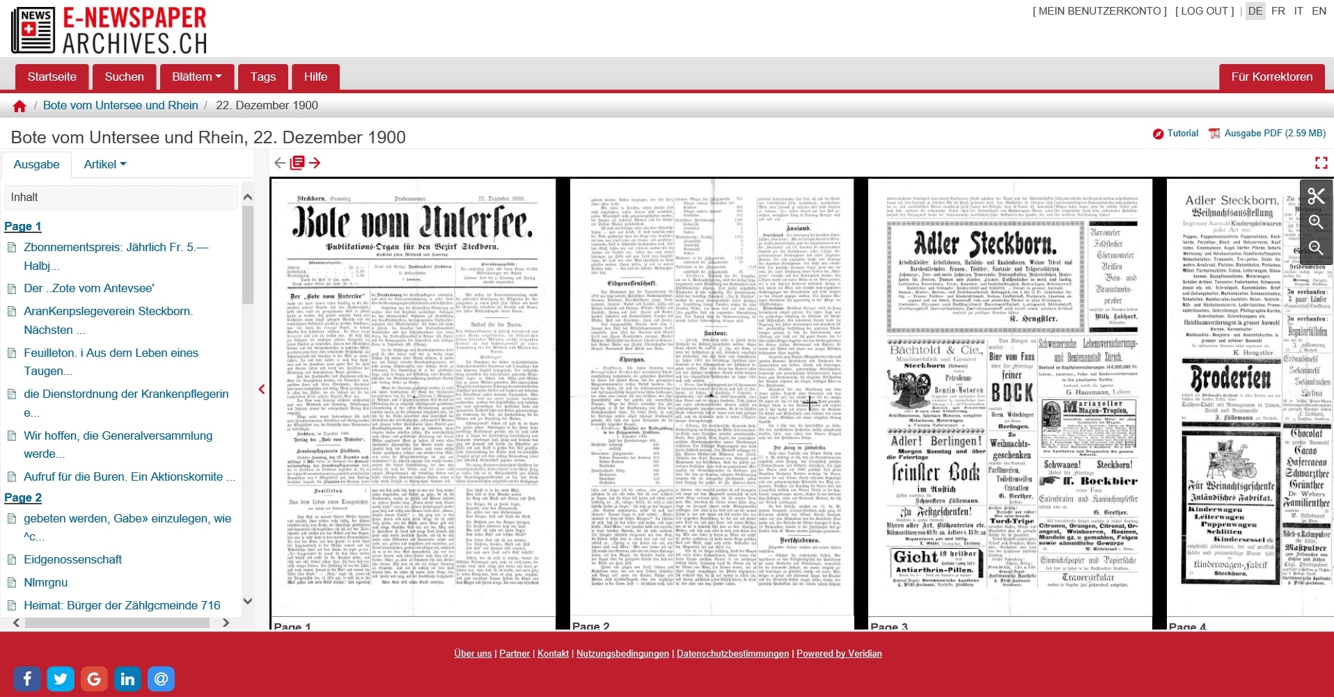 Bild 3: Einblick in e-newspaperarchives: Erste Ausgabe des Boten vom Untersee und Rhein vom 22. Dezember 1900